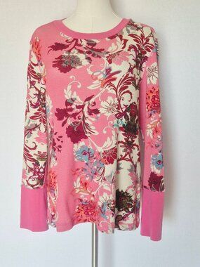 Sundance Floral Thermal Waffle Knit Top Crewneck Long Sleeve Pink Cotton